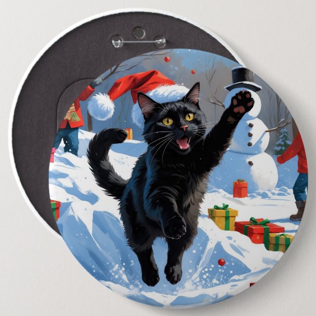 Black Cat Christmas Festive Snow Scene 6 Inch Round Button (Front & Back)