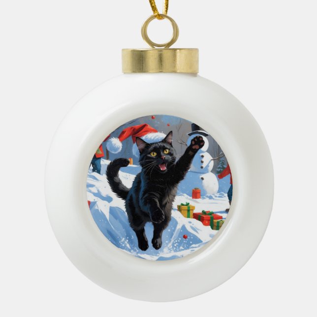 Black Cat Christmas Festive Snow Scene Ceramic Ball Christmas Ornament (Front)