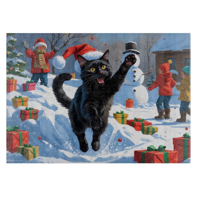 Black Cat Christmas Festive Snow Scene Cutting Board (Front)