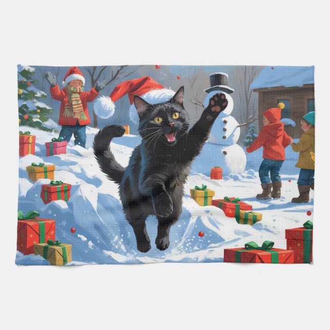 Black Cat Christmas Festive Snow Scene Kitchen Towel (Horizontal)