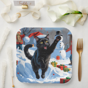 Black Cat Christmas Festive Snow Scene Paper Plate