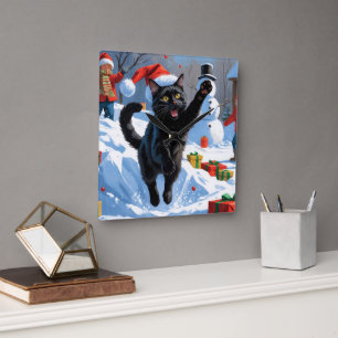 Black Cat Christmas Festive Snow Scene Square Wall Clock