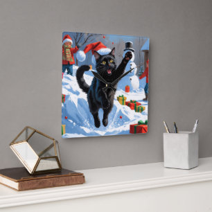 Black Cat Christmas Festive Snow Scene Square Wall Clock