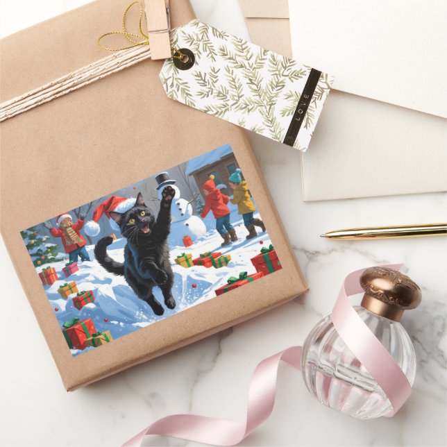 Black Cat Christmas Festive Snow Scene Sticker (Gifting)