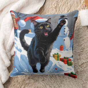 Black Cat Christmas Festive Snow Scene Throw Pillow