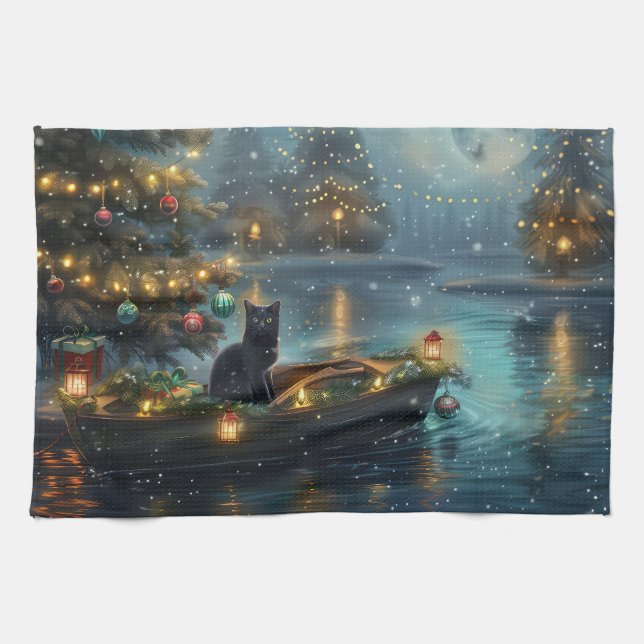 Black Cat Christmas Festive Voyage Kitchen Towel (Horizontal)