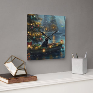 Black Cat Christmas Festive Voyage Square Wall Clock