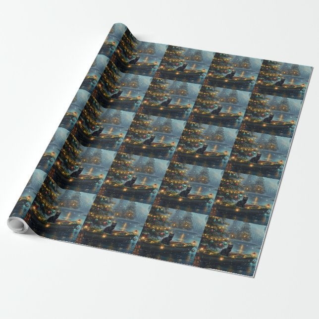 Black Cat Christmas Festive Voyage Wrapping Paper (Unrolled)