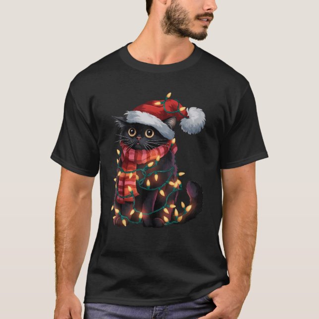 Black Cat Christmas For Women Santa Hat Xmas Light T-Shirt (Front)