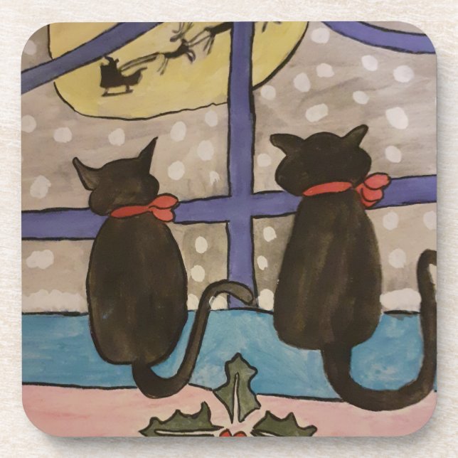 Black Cat Christmas Hard Plastic Coaster (Front)