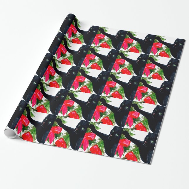 Black Cat Christmas Holiday Designer Giftwrap Wrapping Paper (Unrolled)