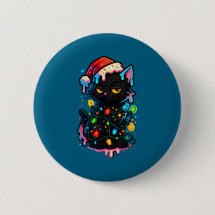 Black Cat Christmas Ice Cream Drip Santa Hat Cute 2 Inch Round Button