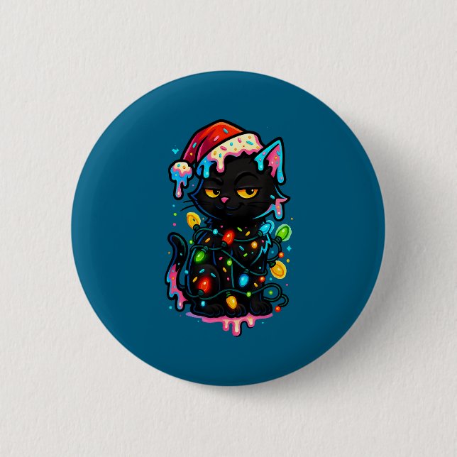 Black Cat Christmas Ice Cream Drip Santa Hat Cute  2 Inch Round Button (Front)