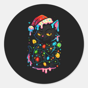 Black Cat Christmas Ice Cream Drip Santa Hat Cute  Classic Round Sticker