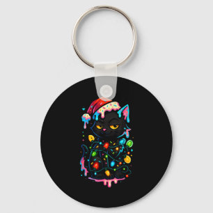 Black Cat Christmas Ice Cream Drip Santa Hat Cute  Keychain