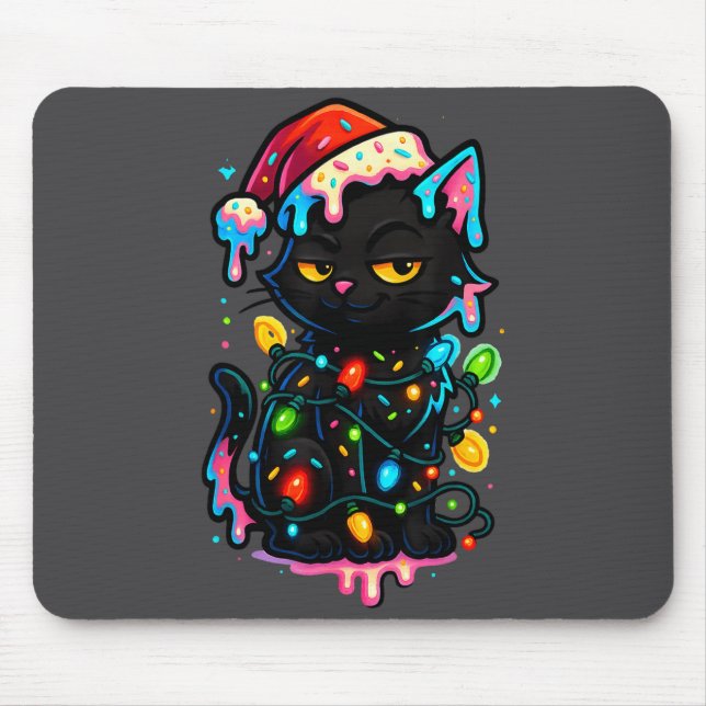 Black Cat Christmas Ice Cream Drip Santa Hat Cute  Mouse Pad (Front)