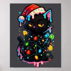 Black Cat Christmas Ice Cream Drip Santa Hat Cute  Poster