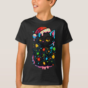 Black Cat Christmas Ice Cream Drip Santa Hat Cute T-Shirt