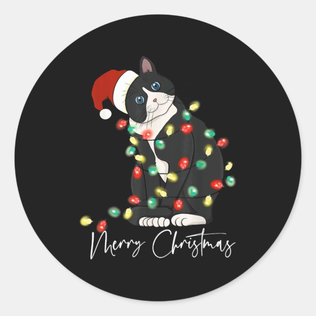 Black Cat Christmas Light Christmas Black Cat With Classic Round Sticker (Front)