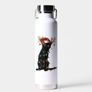 Black Cat Christmas Light Funny Cat Lover Xmas  Water Bottle