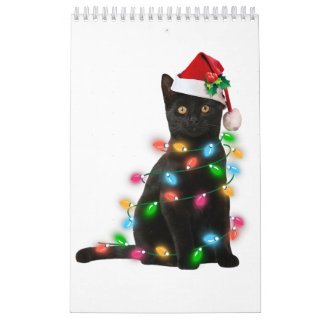 Black Cat christmas light tshirt funny cat lover c Calendar