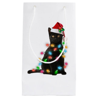 Black Cat christmas light tshirt funny cat lover c Small Gift Bag