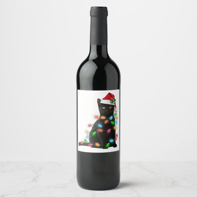 Black Cat christmas light tshirt funny cat lover c Wine Label (Front)