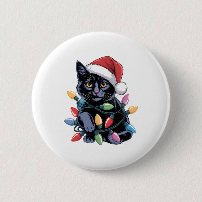Black Cat Christmas Lights Funny Cat Lover 2 Inch Round Button (Front)
