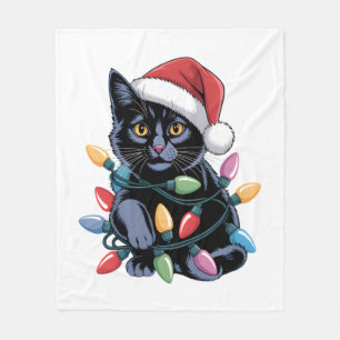 Black Cat Christmas Lights Funny Cat Lover Fleece Blanket