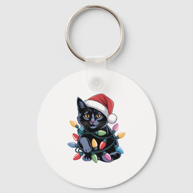 Black Cat Christmas Lights Funny Cat Lover Keychain (Front)