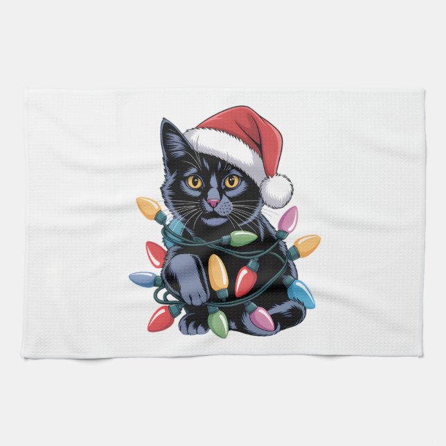 Black Cat Christmas Lights Funny Cat Lover Kitchen Towel (Horizontal)