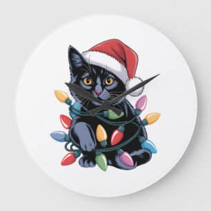 Black Cat Christmas Lights Funny Cat Lover Large Clock