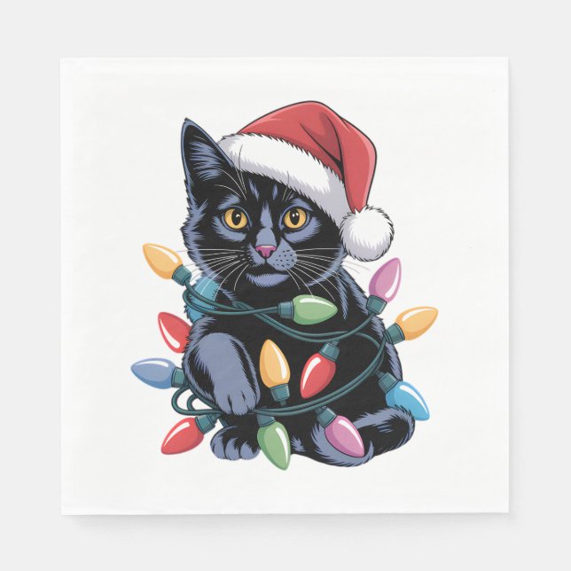 Black Cat Christmas Lights Funny Cat Lover Napkin (Front)