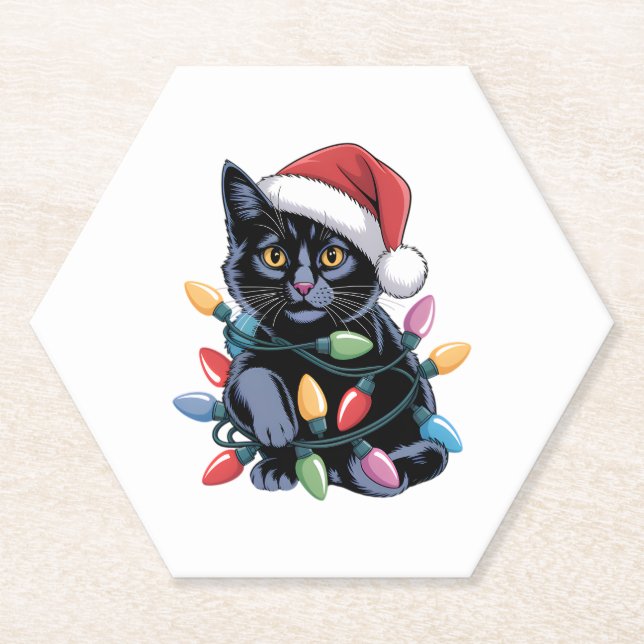 Black Cat Christmas Lights Funny Cat Lover Paper Coaster (Front)