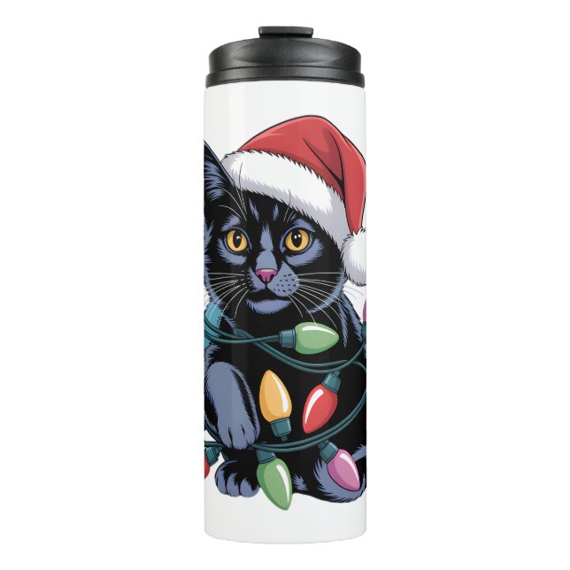 Black Cat Christmas Lights Funny Cat Lover Thermal Tumbler (Front)