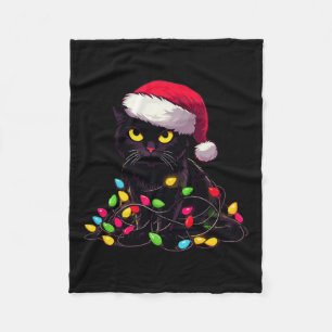 Black Cat Christmas Lights Funny Cat Lover Xmas Sa Fleece Blanket