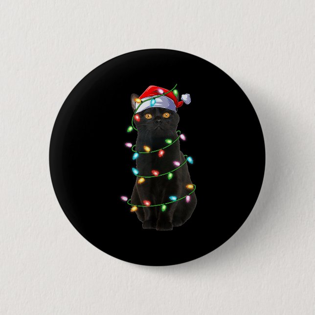 Black Cat Christmas Lights Funny Santa Hat Cat Xma 2 Inch Round Button (Front)