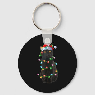Black Cat Christmas Lights Funny Santa Hat Cat Xma Keychain