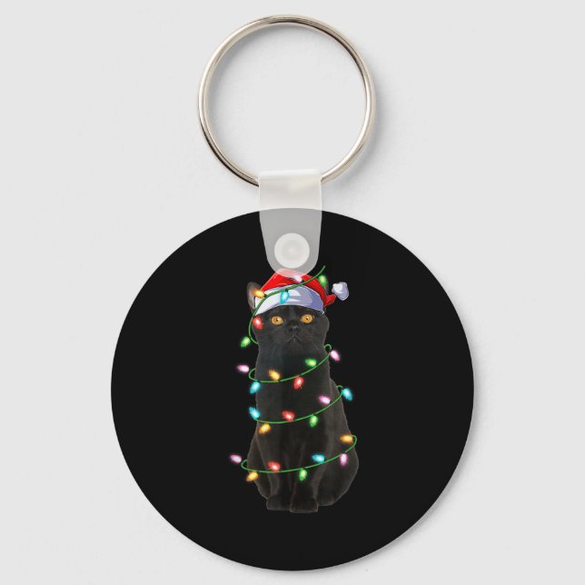 Black Cat Christmas Lights Funny Santa Hat Cat Xma Keychain (Front)