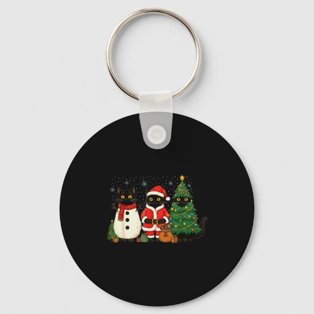 Black Cat Christmas Lights Reindeer Santa Meowy Ca Keychain (Front)
