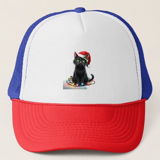 Black Cat Christmas Lights Santa Hat Funny Xmas Ca (Front)