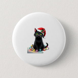 Black Cat Christmas Lights Santa Hat Funny Xmas Ca 2 Inch Round Button