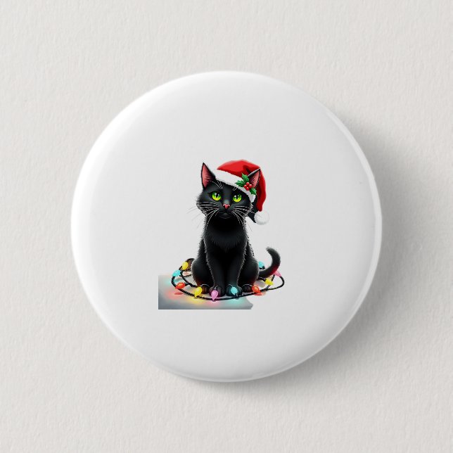 Black Cat Christmas Lights Santa Hat Funny Xmas Ca 2 Inch Round Button (Front)