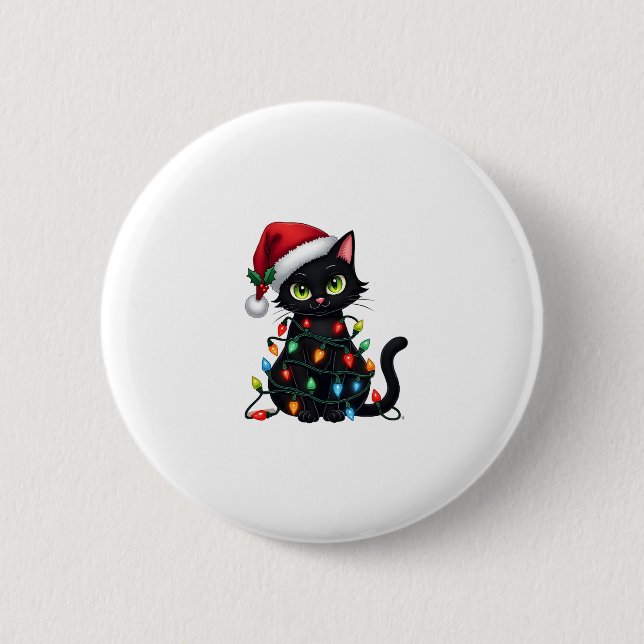 Black Cat Christmas Lights Santa Hat Funny Xmas Ca 2 Inch Round Button (Front)