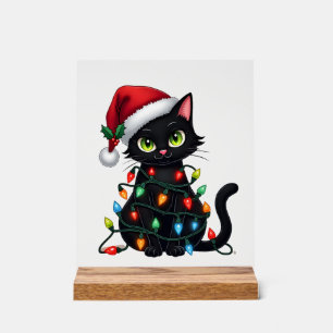 Black Cat Christmas Lights Santa Hat Funny Xmas Ca Acrylic Sign