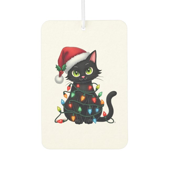 Black Cat Christmas Lights Santa Hat Funny Xmas Ca Air Freshener (Front)