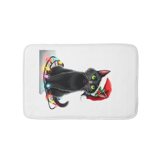 Black Cat Christmas Lights Santa Hat Funny Xmas Ca Bath Mat (Front)