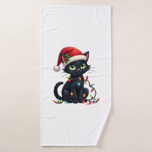 Black Cat Christmas Lights Santa Hat Funny Xmas Ca Bath Towel