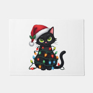 Black Cat Christmas Lights Santa Hat Funny Xmas Ca Doormat