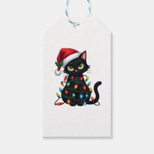 Black Cat Christmas Lights Santa Hat Funny Xmas Ca Gift Tags